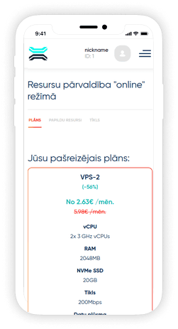 VPS resursu pārvaldības panelis