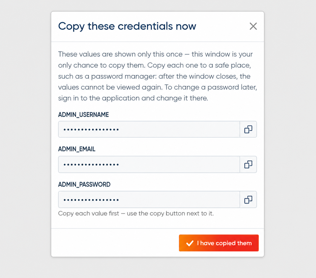 Generic illustration of the one-time credentials dialog in Applications