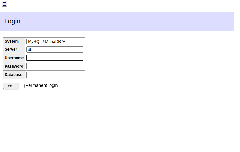 Adminer po pirmo sėkmingo prisijungimo