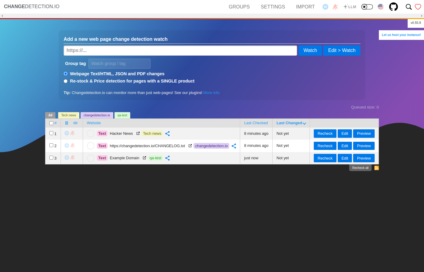 changedetection.io after the first successful sign-in
