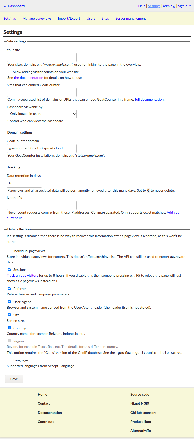 GoatCounter after the first successful sign-in