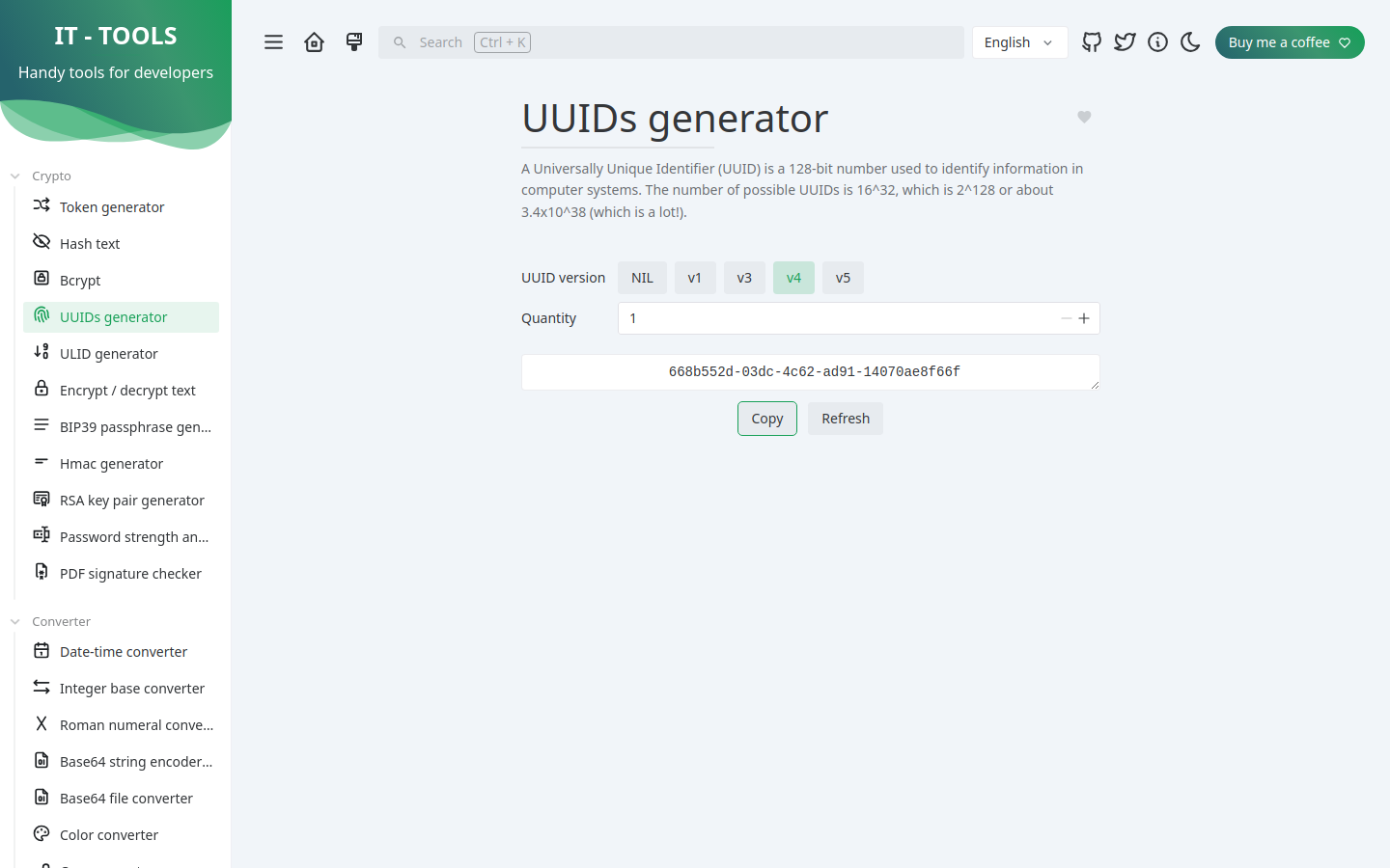 IT-Tools UUIDs generator showing a copied v4 UUID