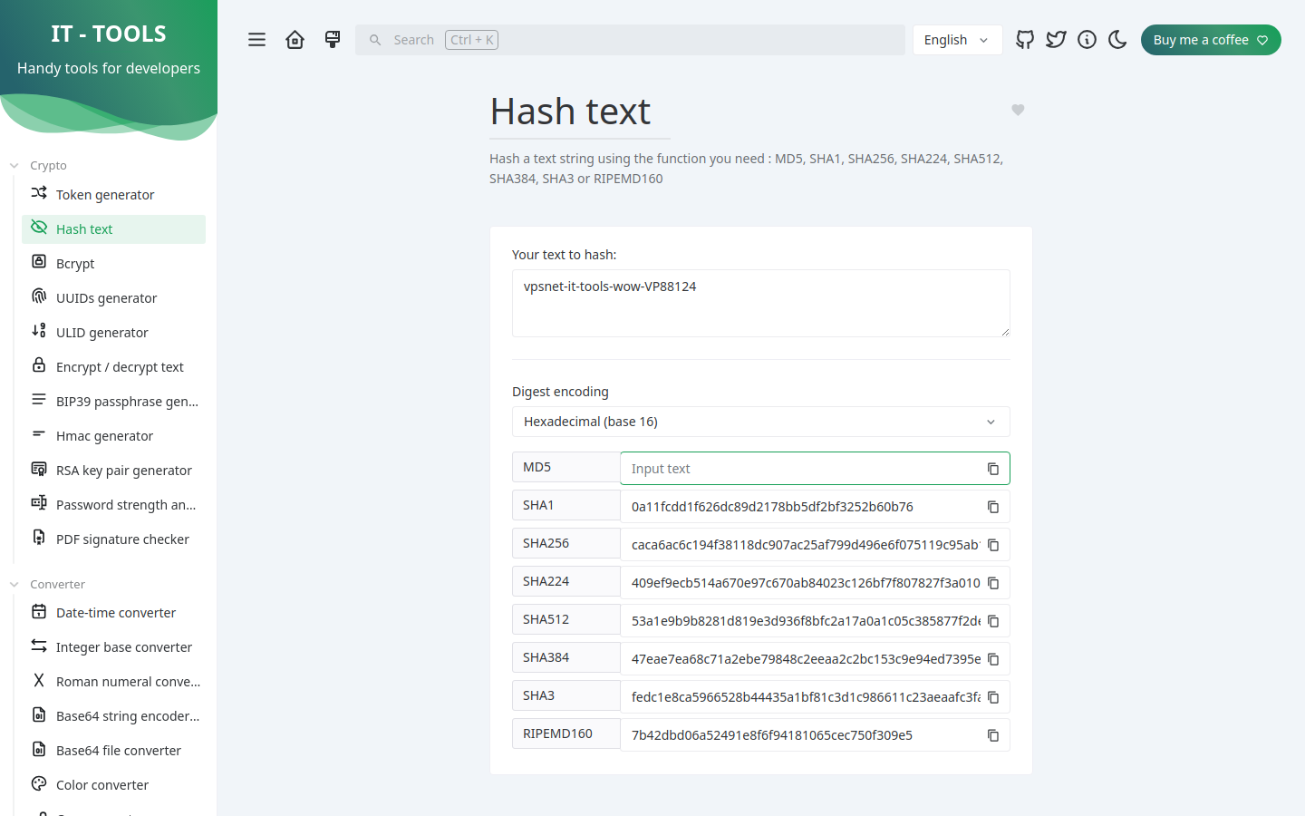 IT-Tools Hash text showing SHA256 for a sample string