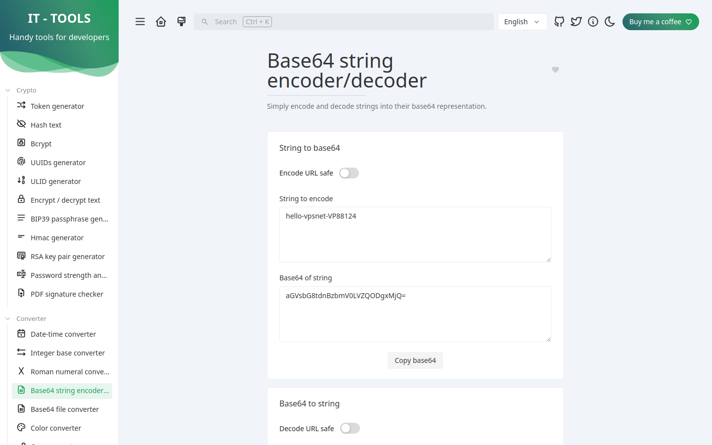 IT-Tools Base64 encoder with a sample string encoded