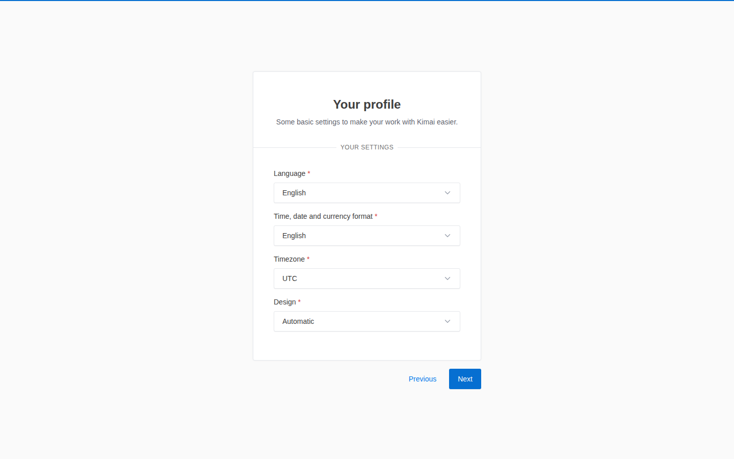 Kimai after the first successful sign-in