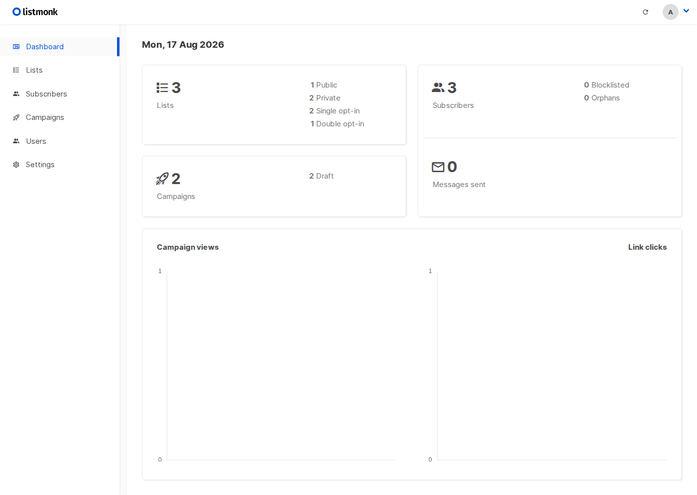 listmonk after the first successful sign-in