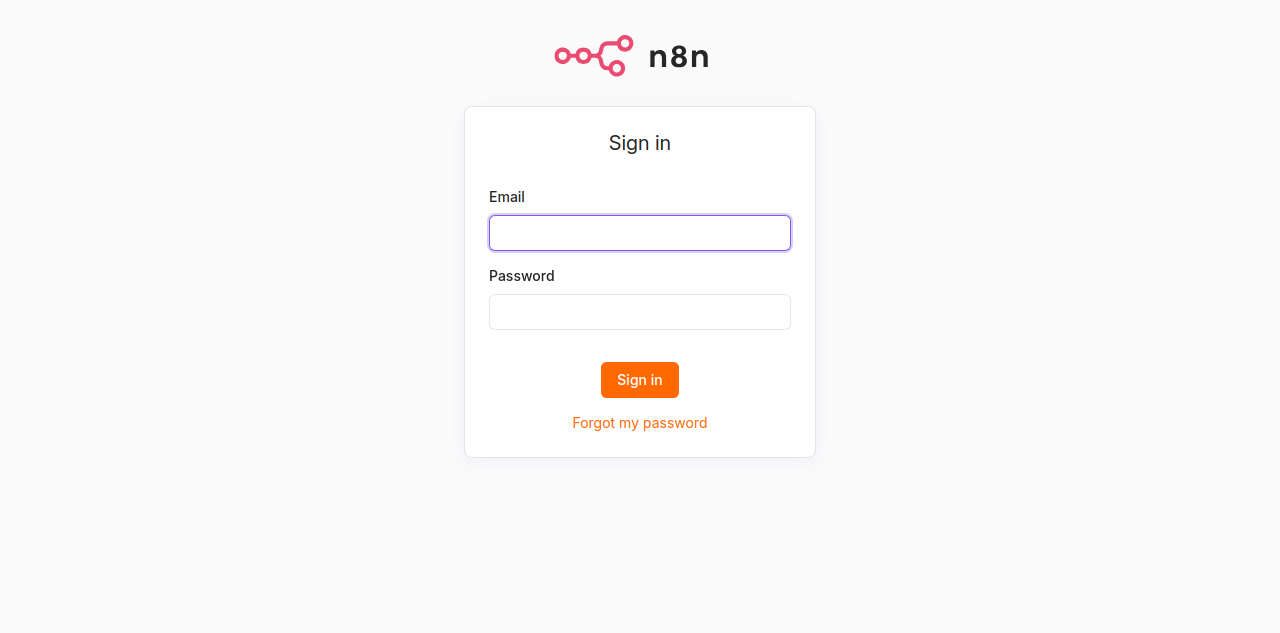 n8n sign-in page reached through the managed HTTPS address