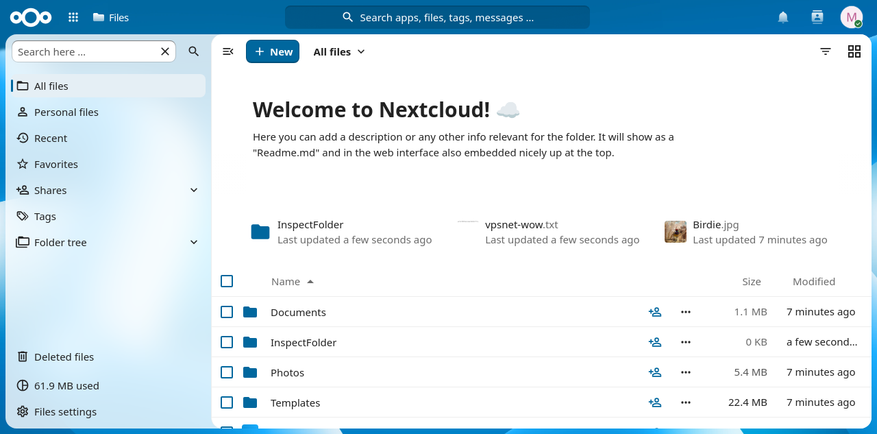 Nextcloud Files after upload, with a file and folder from first use