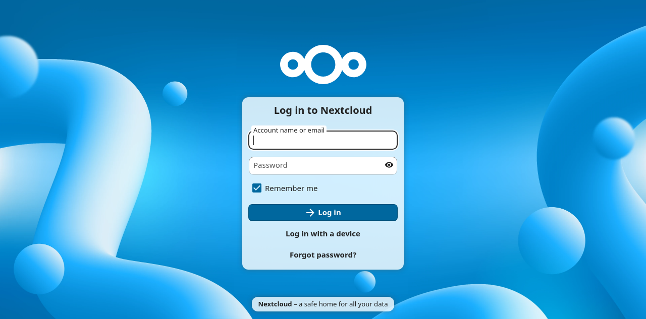 Nextcloud sign-in page asking for account name or email and password