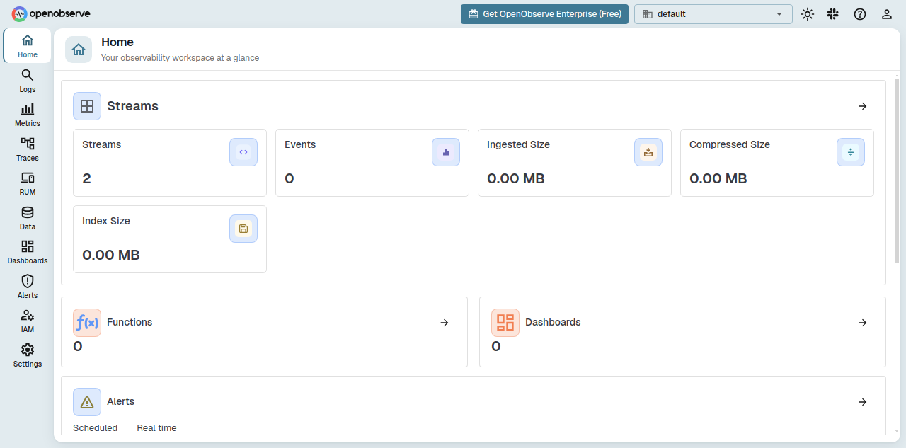 OpenObserve after the first successful sign-in