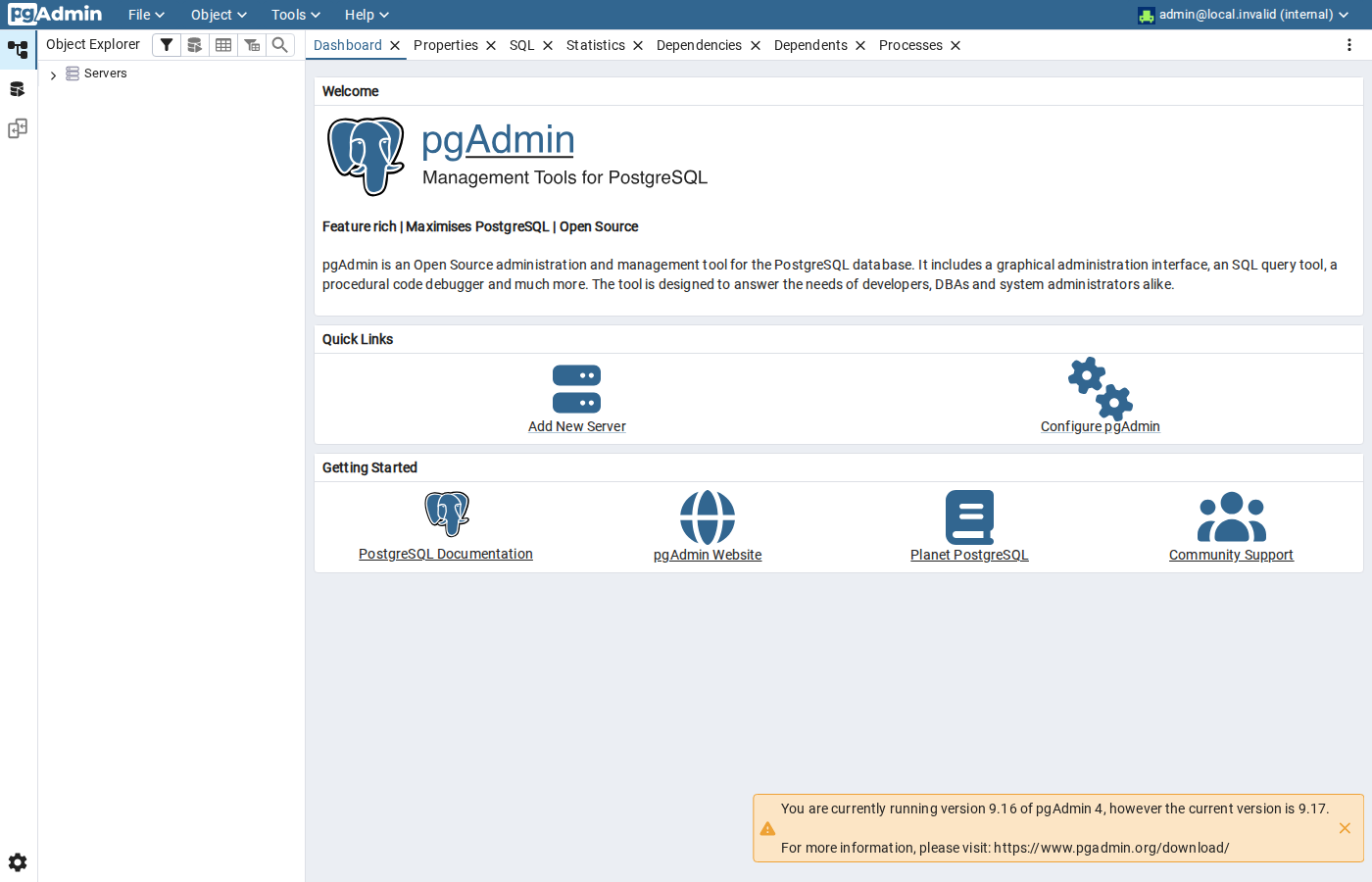 pgAdmin after the first successful sign-in