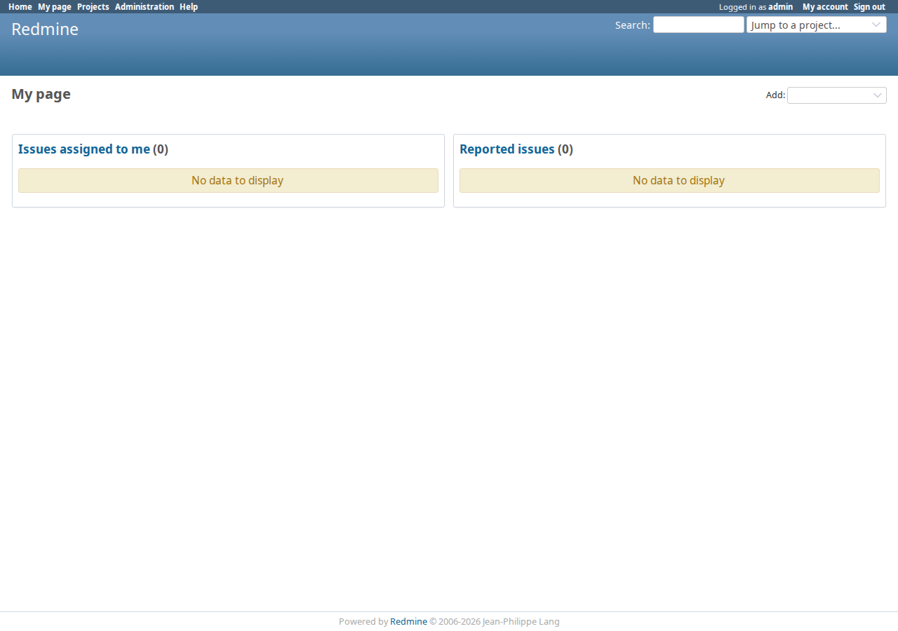 Redmine after the first successful sign-in