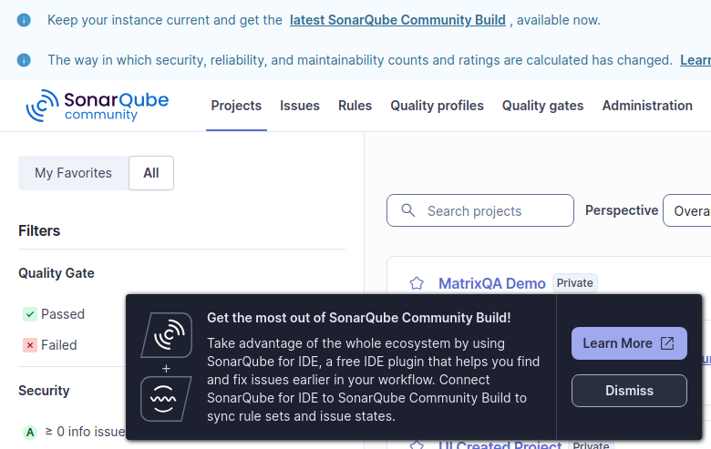 SonarQube Community Build after the first successful sign-in