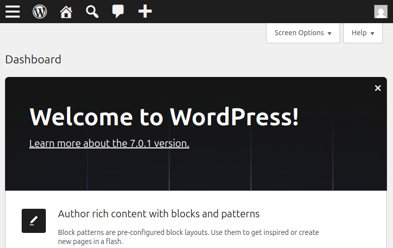 WordPress dashboard after Open URL