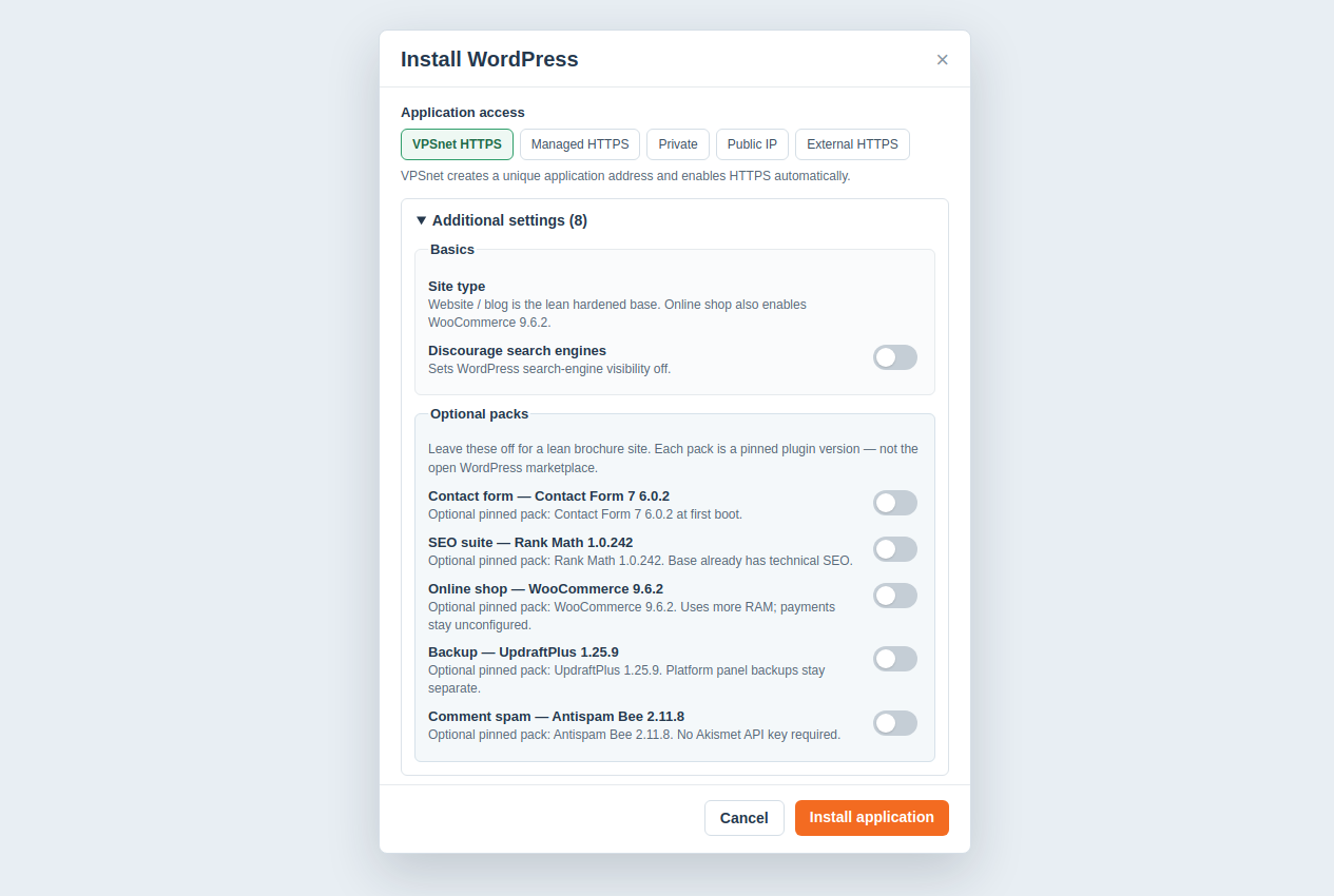 WordPress Optional packs with pinned plugin versions